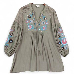 Umgee Tunic Top Sz S Olive Green Embroidered Boho Peasant Blouse Lace Cottagecor